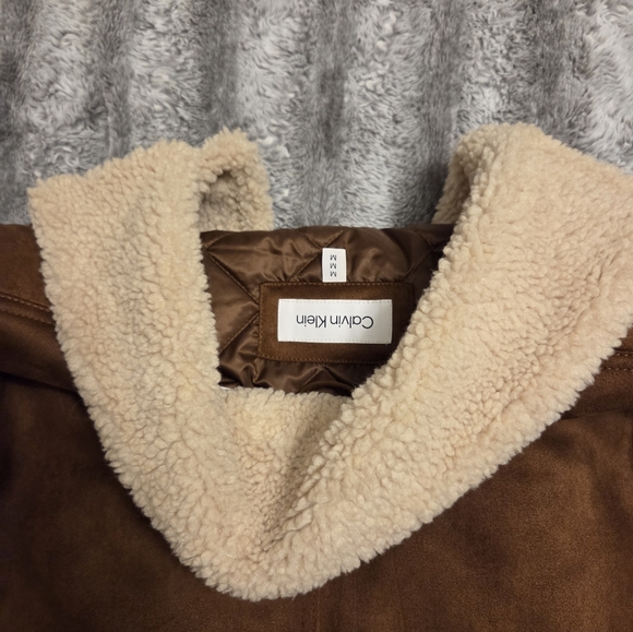 Calvin Klein Brown Pea Coat with Shearling Collar - Picture 2 of 7